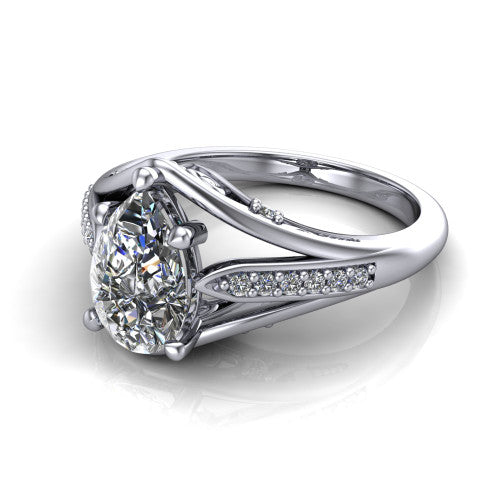 Blakely pear solitaire engagement ring in 14K White Gold, three-quarter perspective showing the pear center diamond above a split-shank pave band with filigree gallery