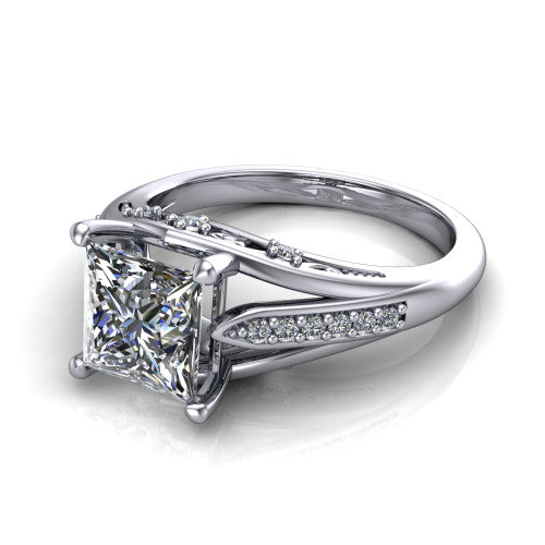 Blakely princess-cut solitaire engagement ring in Platinum, three-quarter perspective showing the princess-cut center diamond above a split-shank pave band with filigree gallery