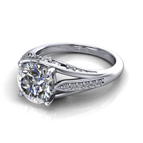 Blakely round solitaire engagement ring in 14K White Gold, three-quarter perspective showing the round center diamond above a split-shank pave band with filigree gallery