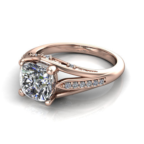 Blakely cushion solitaire engagement ring in 14K Rose Gold, three-quarter perspective showing the cushion center diamond above a split-shank pave band with filigree gallery