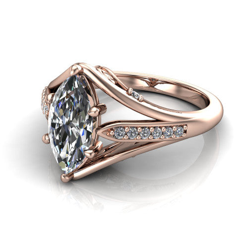 Blakely marquise solitaire engagement ring in 18K Rose Gold, three-quarter perspective showing the marquise center diamond above a split-shank pave band with filigree gallery