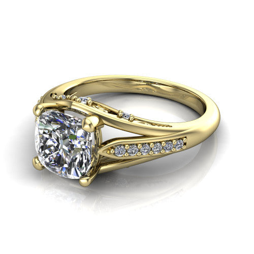 Blakely cushion solitaire engagement ring in 18K Yellow Gold, three-quarter perspective showing the cushion center diamond above a split-shank pave band with filigree gallery