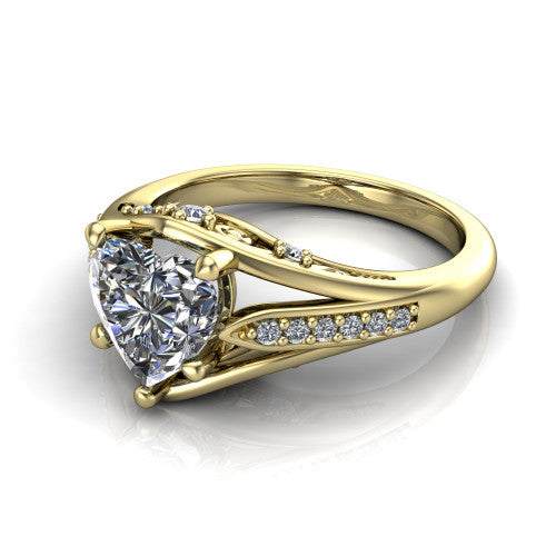 Blakely heart solitaire engagement ring in 18K Yellow Gold, three-quarter perspective showing the heart center diamond above a split-shank pave band with filigree gallery