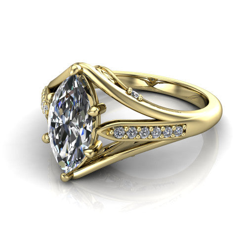 Blakely marquise solitaire engagement ring in 14K Yellow Gold, three-quarter perspective showing the marquise center diamond above a split-shank pave band with filigree gallery