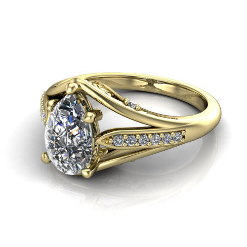 Blakely pear solitaire engagement ring in 14K Yellow Gold, three-quarter perspective showing the pear center diamond above a split-shank pave band with filigree gallery