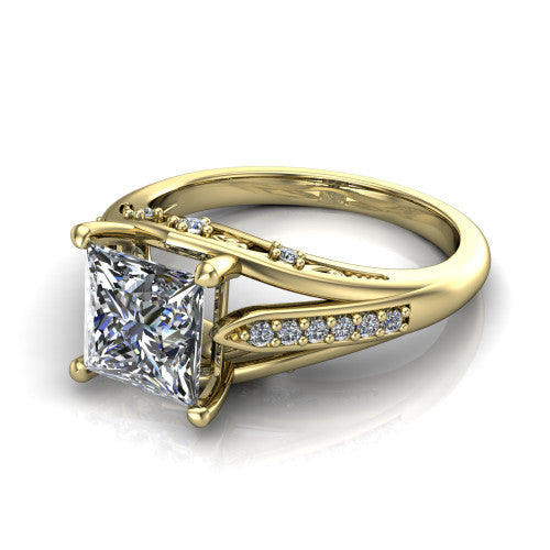 Blakely princess-cut solitaire engagement ring in 14K Yellow Gold, three-quarter perspective showing the princess-cut center diamond above a split-shank pave band with filigree gallery