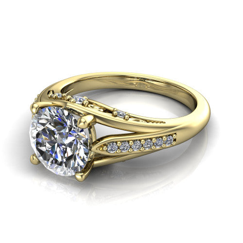 Blakely round solitaire engagement ring in 14K Yellow Gold, three-quarter perspective showing the round center diamond above a split-shank pave band with filigree gallery