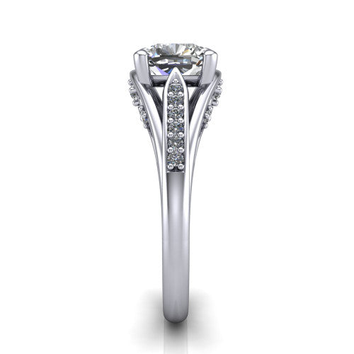 Blakely cushion solitaire engagement ring in 14K White Gold, side profile showing the split-shank pave band and filigree scrollwork in side view