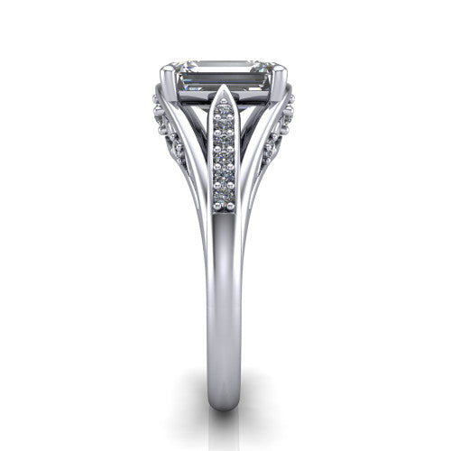 Blakely emerald-cut solitaire engagement ring in 14K White Gold, side profile showing the split-shank pave band and filigree scrollwork in side view