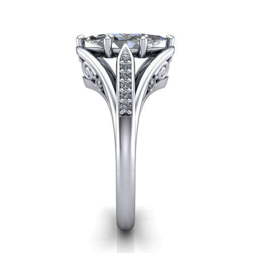 Blakely marquise solitaire engagement ring in 18K White Gold, side profile showing the split-shank pave band and filigree scrollwork in side view
