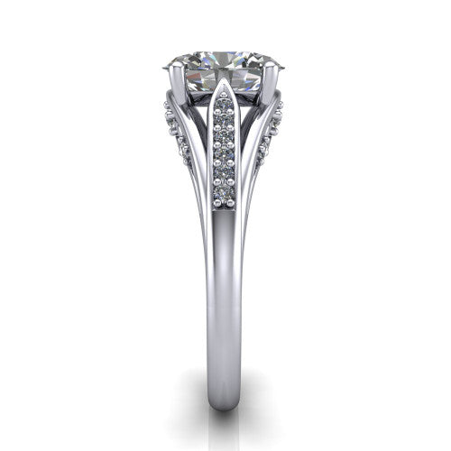 Blakely oval solitaire engagement ring in 18K White Gold, side profile showing the split-shank pave band and filigree scrollwork in side view