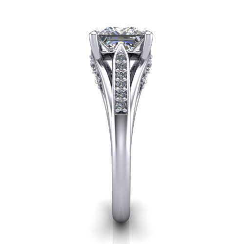 Blakely princess-cut solitaire engagement ring in 14K White Gold, side profile showing the split-shank pave band and filigree scrollwork in side view