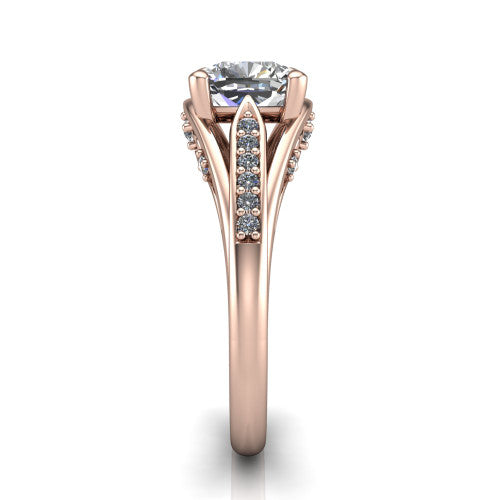 Blakely cushion solitaire engagement ring in 14K Rose Gold, side profile showing the split-shank pave band and filigree scrollwork in side view