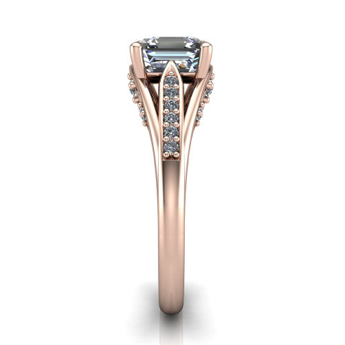 Blakely square emerald-cut solitaire engagement ring in 18K Rose Gold, side profile showing the split-shank pave band and filigree scrollwork in side view