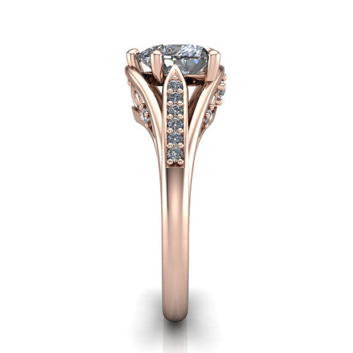 Blakely heart solitaire engagement ring in 14K Rose Gold, side profile showing the split-shank pave band and filigree scrollwork in side view