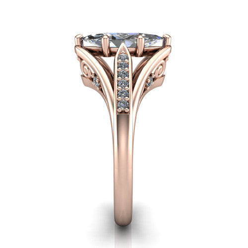 Blakely marquise solitaire engagement ring in 14K Rose Gold, side profile showing the split-shank pave band and filigree scrollwork in side view