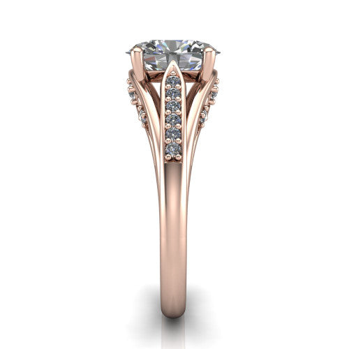 Blakely oval solitaire engagement ring in 14K Rose Gold, side profile showing the split-shank pave band and filigree scrollwork in side view