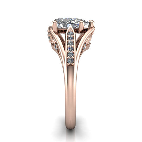 Blakely pear solitaire engagement ring in 14K Rose Gold, side profile showing the split-shank pave band and filigree scrollwork in side view