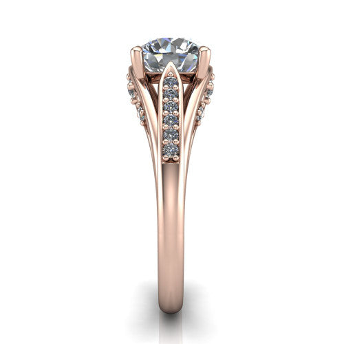 Blakely round solitaire engagement ring in 18K Rose Gold, side profile showing the split-shank pave band and filigree scrollwork in side view