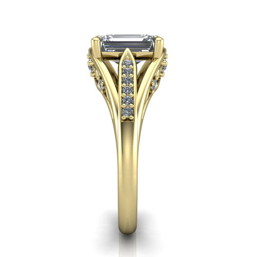 Blakely emerald-cut solitaire engagement ring in 14K Yellow Gold, side profile showing the split-shank pave band and filigree scrollwork in side view