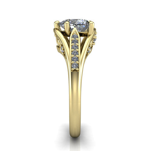 Blakely heart solitaire engagement ring in 14K Yellow Gold, side profile showing the split-shank pave band and filigree scrollwork in side view