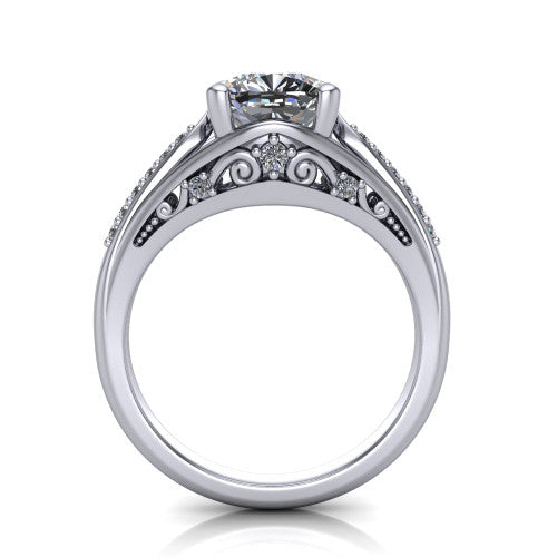 Blakely cushion solitaire engagement ring in Platinum, through-finger front profile showing the filigree under-gallery and split shank from the front