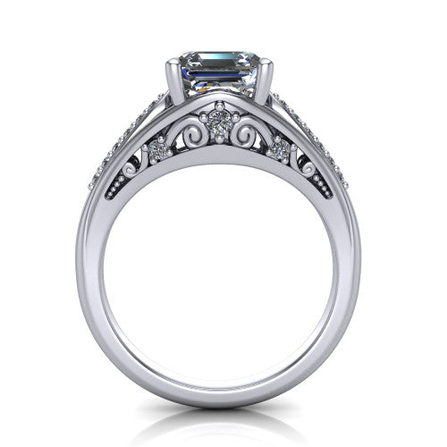 Blakely square emerald-cut solitaire engagement ring in 14K White Gold, through-finger front profile showing the filigree under-gallery and split shank from the front
