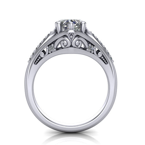 Blakely heart solitaire engagement ring in 14K White Gold, through-finger front profile showing the filigree under-gallery and split shank from the front