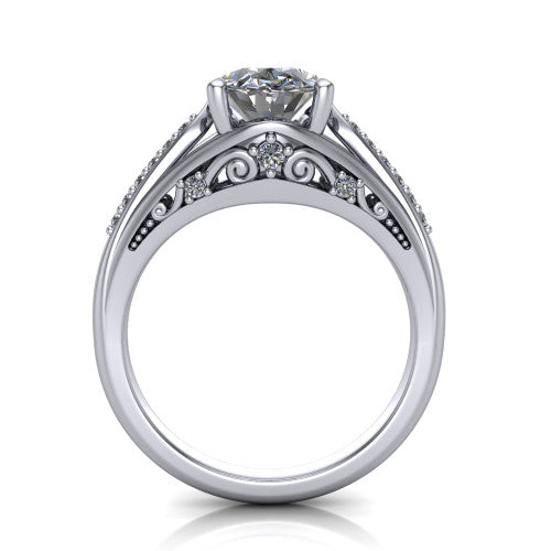Blakely oval solitaire engagement ring in 18K White Gold, through-finger front profile showing the filigree under-gallery and split shank from the front