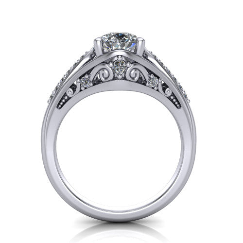 Blakely pear solitaire engagement ring in 14K White Gold, through-finger front profile showing the filigree under-gallery and split shank from the front