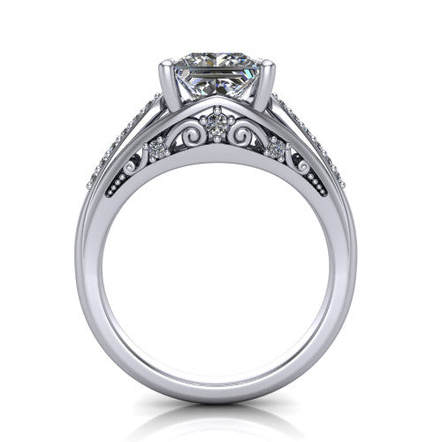 Blakely princess-cut solitaire engagement ring in 14K White Gold, through-finger front profile showing the filigree under-gallery and split shank from the front