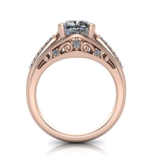 Blakely cushion solitaire engagement ring in 14K Rose Gold, through-finger front profile showing the filigree under-gallery and split shank from the front