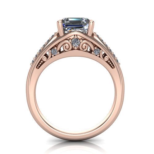 Blakely square emerald-cut solitaire engagement ring in 18K Rose Gold, through-finger front profile showing the filigree under-gallery and split shank from the front