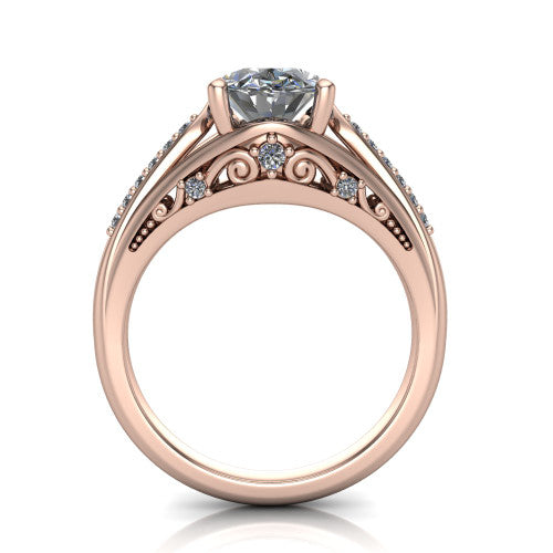 Blakely oval solitaire engagement ring in 14K Rose Gold, through-finger front profile showing the filigree under-gallery and split shank from the front