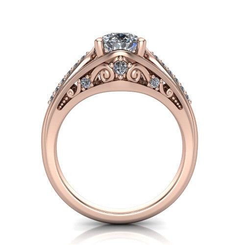 Blakely pear solitaire engagement ring in 18K Rose Gold, through-finger front profile showing the filigree under-gallery and split shank from the front