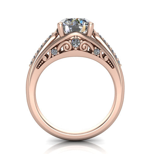 Blakely round solitaire engagement ring in 14K Rose Gold, through-finger front profile showing the filigree under-gallery and split shank from the front