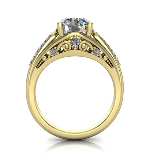 Blakely round solitaire engagement ring in 18K Yellow Gold, through-finger front profile showing the filigree under-gallery and split shank from the front