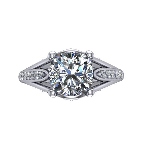 Blakely cushion solitaire engagement ring in Platinum, top-down view showing the cushion center diamond and pave split shoulders from above