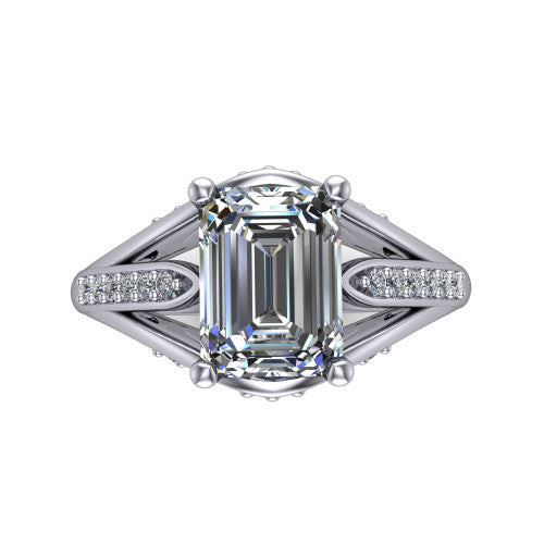 Blakely emerald-cut solitaire engagement ring in 18K White Gold, top-down view showing the emerald-cut center diamond and pave split shoulders from above