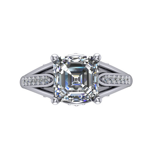 Blakely square emerald-cut solitaire engagement ring in 18K White Gold, top-down view showing the square emerald-cut center diamond and pave split shoulders from above