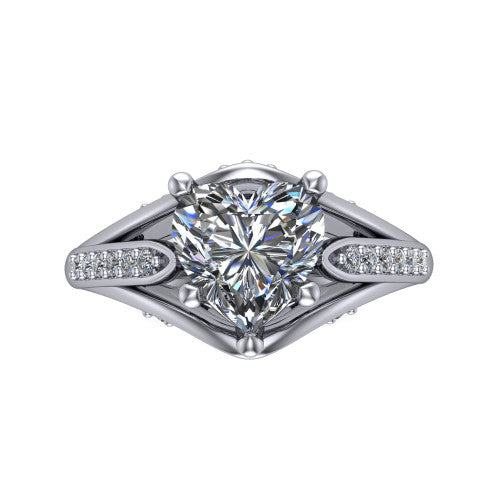 Blakely heart solitaire engagement ring in Platinum, top-down view showing the heart center diamond and pave split shoulders from above