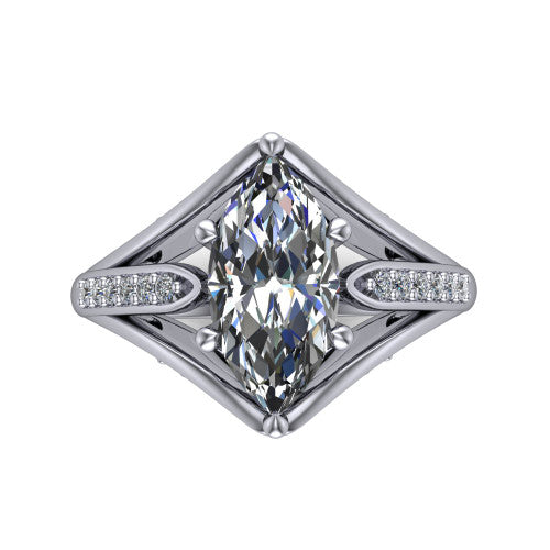 Blakely marquise solitaire engagement ring in Platinum, top-down view showing the marquise center diamond and pave split shoulders from above