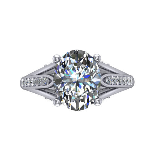 Blakely oval solitaire engagement ring in Platinum, top-down view showing the oval center diamond and pave split shoulders from above