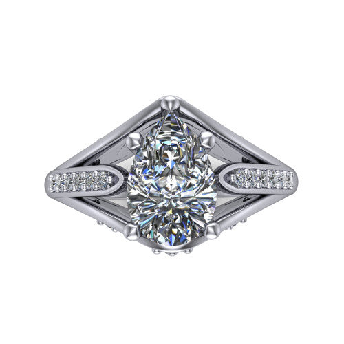 Blakely pear solitaire engagement ring in Platinum, top-down view showing the pear center diamond and pave split shoulders from above