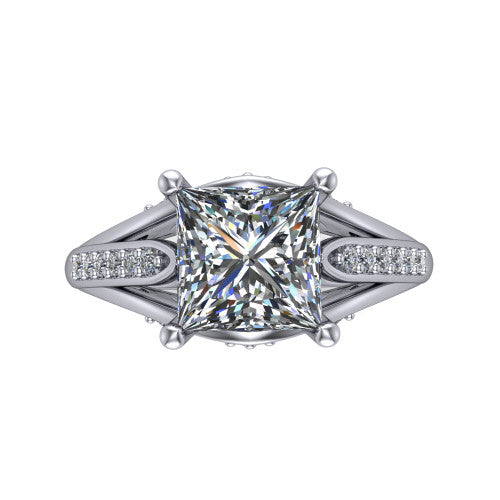 Blakely princess-cut solitaire engagement ring in 18K White Gold, top-down view showing the princess-cut center diamond and pave split shoulders from above