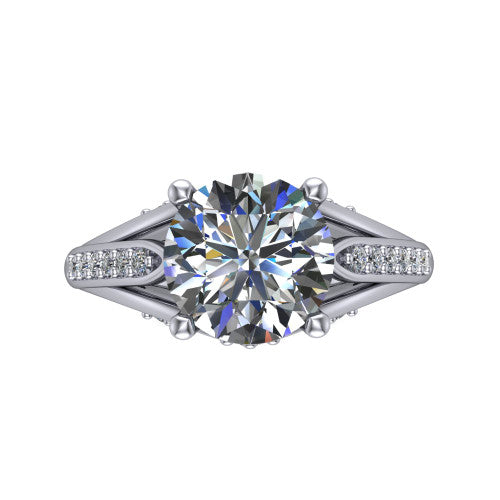 Blakely round solitaire engagement ring in Platinum, top-down view showing the round center diamond and pave split shoulders from above