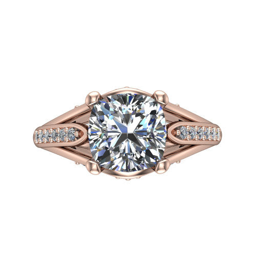 Blakely cushion solitaire engagement ring in 18K Rose Gold, top-down view showing the cushion center diamond and pave split shoulders from above