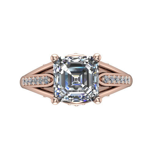 Blakely square emerald-cut solitaire engagement ring in 18K Rose Gold, top-down view showing the square emerald-cut center diamond and pave split shoulders from above