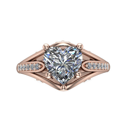 Blakely heart solitaire engagement ring in 18K Rose Gold, top-down view showing the heart center diamond and pave split shoulders from above