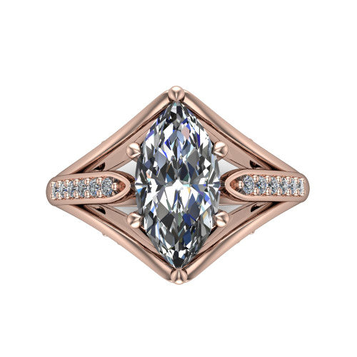 Blakely marquise solitaire engagement ring in 14K Rose Gold, top-down view showing the marquise center diamond and pave split shoulders from above